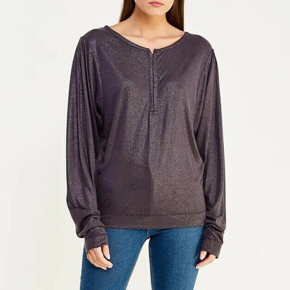 Free People Olivia Relaxed Henley Top Gray Sparkle Glitter Long Sleeve XS NWT - Picture 8 of 8